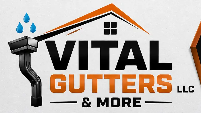 Vital Gutters & More LLC logo featuring a house roof and gutter downspout
